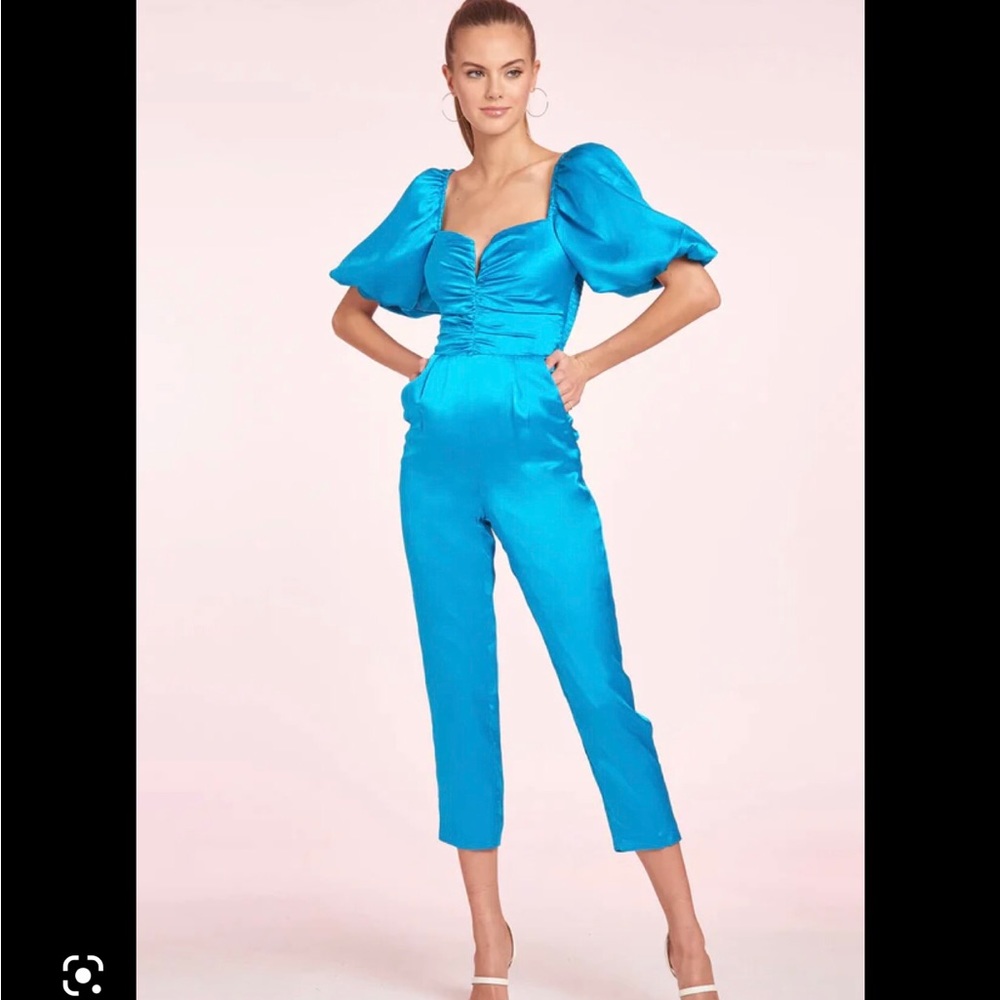 Amanda Uprichard Teal Puff-Sleeve Jumpsuit